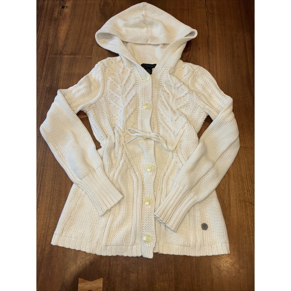 Y2K Cable Knit Hooded Cardigan Duster Cotton Sweater SMALL